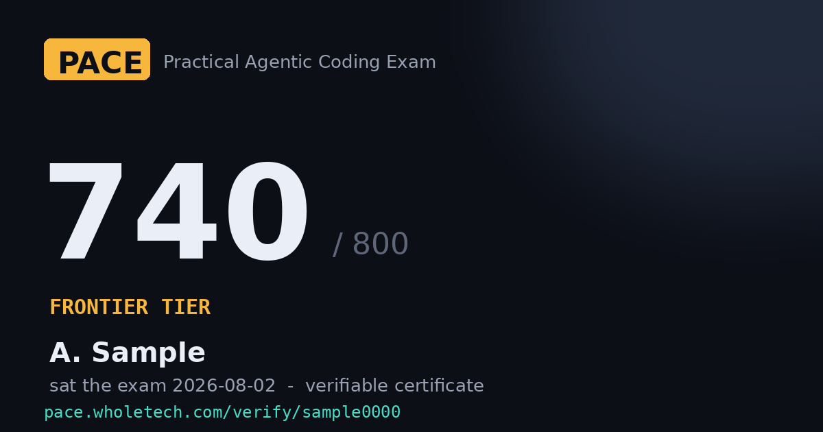 A sample PACE share card: score 740 of 800, Frontier tier, with a public verification URL